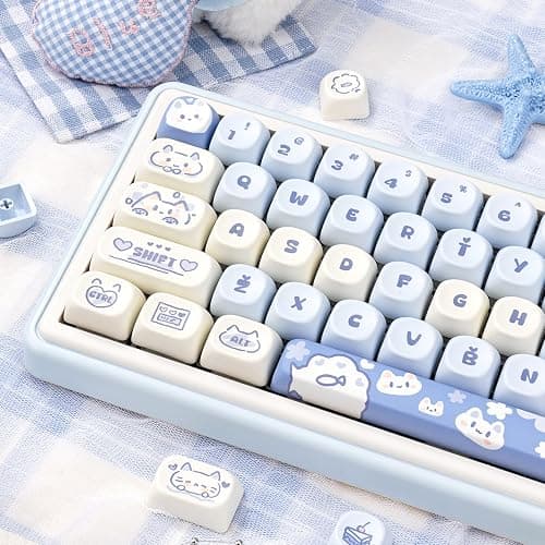 COOMICKEY PBT Keycaps - Cute Keycaps Blue White 60 65 75 100 Percent, Kawaii Anime Cat Key caps Custom 130 Keys, MOA Profile for 61/68/84/87/98/100 Cherry Gateron MX Mechanical thumbnail 9