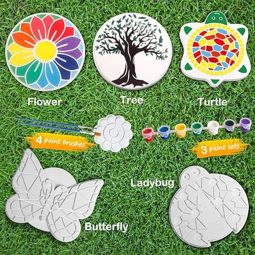 Paint Your Own Stepping Stones 5-Pack for Kids, Boys & Girls Ages 3-12, Butterfly, Turtle, Flower, Tree & Ladybug DIY Outdoor Garden Art & Craft Ceramic Painting Set for Birthday Summer Activity thumbnail 2