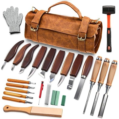 SakerNeo 25-Piece Wood Carving Kit Whittling Kit with Leather Storage Bag | Wood Carving Tools wood carving set Includes Gouges, Chisels, Knives – Ideal Woodworking Set for Beginners & DIY Gift - Image 1