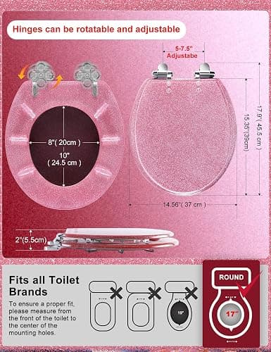Angol Shiold ROUND Resin Toilet Seat Glitter Pink Soft Close Quick Release Adjustable Metal Hinge Easy to Install also Easy to Clean Decorative Acrylic Seats (17 Inch, Pink Glitter, Ugraded hinge) thumbnail 2