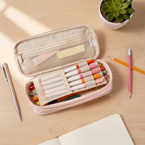 Amazon Basics Large Capacity Pencil Case with Durable Zipper, Multi-Compartment, Storage Space, Easy to Carry, Rose Mild thumbnail 2