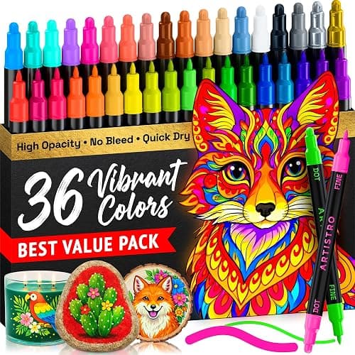 ARTISTRO 36 Precision Dual-Tip Acrylic Paint Markers – Paint Pens Set with Dot & Fine Tips for Fabric, Rock, Glass, Wood, Coloring Books – Arts & Crafts Gift – Classroom Must Haves & School Supplies - Image 1