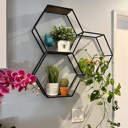 Admired by Nature 3 Tier Floating Shelves Wall Mount Shelf, Farmhouse Shelf for Wall Decor, Display Shelf, Hexagon, Honeycomb Rustic Wood Wall Mounted Organizer for Home Decor, 1 Unit thumbnail 6
