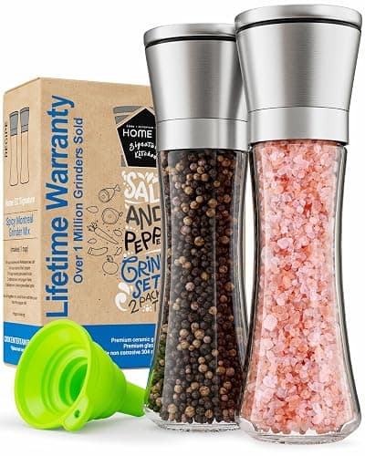 Home EC Premium Stainless Steel Sea Salt and Pepper Grinder Set of 2 - Adjustable Ceramic - Tall Glass Salt and Pepper Shakers - Kitchen Spice Mill W/Funnel & EBook - Image 1