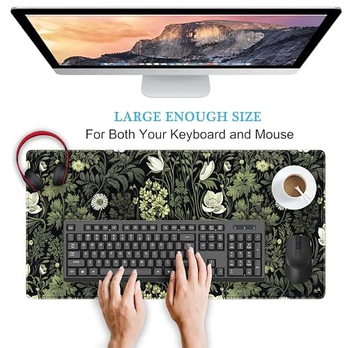 Dark Green Floral Plants XXL Gaming Mousepad & Desk Pad - Nature Leaf Flower Laptop Keyboard Mat 31.5 x 15.75 thumbnail 4