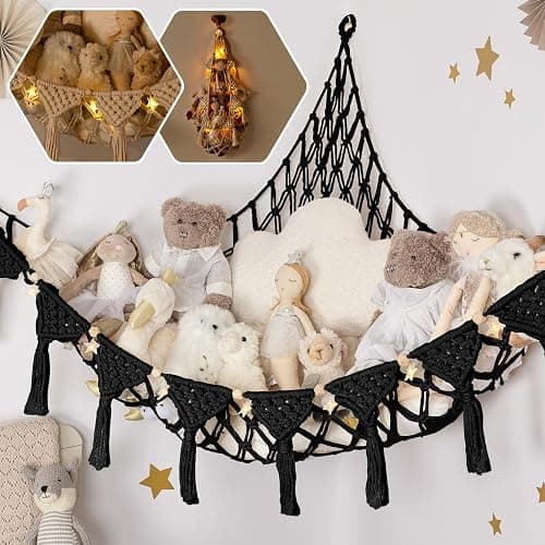 TIDYTEDS Macrame DreamLights Boho Stuffed Animal Storage Net Hammock Extra Large Plush Toy Storage Holder For Small Or Large Plushies BLACK - Image 1