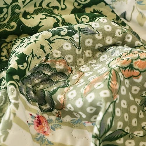 Cmfshape Summer Floral Queen Quilted Bedspread,Romantic Green Quilt Set,Reversible Stitched Bedding Cover All Season,Soft Lightweight Coverlet with Pillow Cases (Green&White, Queen90 x90) thumbnail 5