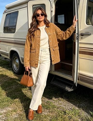 Yeokou Women’s Oversized Jean Jacket Button Down Casual Washed Coat | Washed denim fabric, Contrast canvas collar, Button front placket, Patch pockets, Fall trendy versatile street outfit thumbnail 4