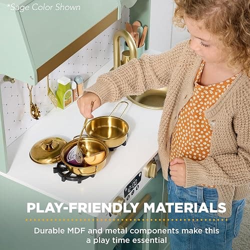 Best Choice Products Wooden Pretend Play Cottage Kitchen Kids Toy w/Storage, Scalloped Edge, 5 Accessories, Microwave, Oven, Clicking Knobs - Cream thumbnail 8