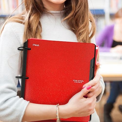 Five Star Flex Refillable Notebook + Study App, College Ruled Paper and 1-1/2 Inch TechLock Ring Binder with Pockets, Tabs and Dividers, 300 Sheet Capacity, Fire Red (29324AB2) thumbnail 2