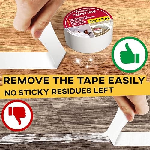 Carpet Tape Double Sided - Rug Tape Grippers for Hardwood Floors and Area Rugs - Carpet Binding Tape Strong Adhesive and Removable, Heavy Duty Stickers Grip Tape, Residue Free (2 Inch / 12 Yards) thumbnail 4
