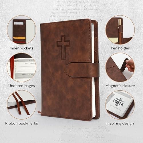 Prazoli Leather Christian Bible Prayer Journal For Men - Study Scripture Notebook & Planner Daily Devotional Undated | Religious Jesus Faith Gifts for Graduation, Pastor Baptism & Church, Cross thumbnail 4