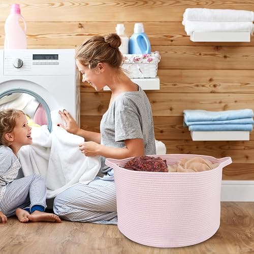 XUANGUO Large Cotton Rope Basket Blankets Basket Living Room 22"x14" Toy Baskets for Kids and Dogs Rope Storage Baskets for Nursery Woven Laundry Baskets for Clothes Towels Baby Toy Storage Round pink thumbnail 5