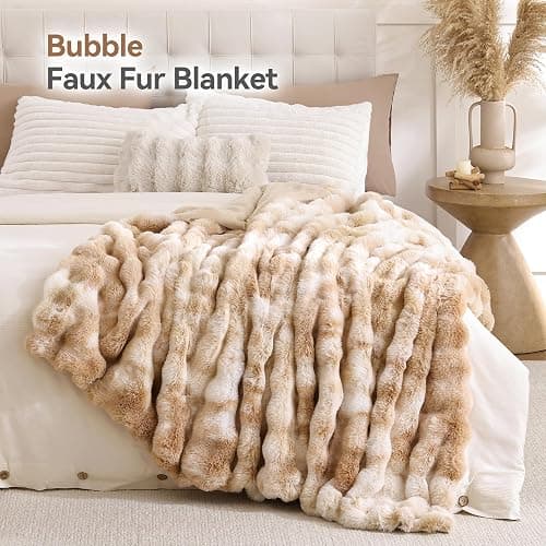 Smoofy Faux Fur Throw Blanket for Couch - Tie-dye Camel Soft Cozy Bubble Blanket, Beige Fluffy Plush Fuzzy Throw for Sofa & Bed, Thick Lightweight Warm Blanket, Luxury Aesthetic Gift for Women 60x80 thumbnail 2