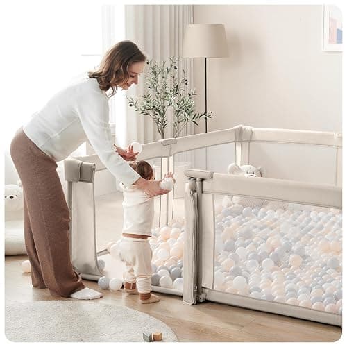 Sweeby Baby Playpen, 59x59 Inch Gate Foldable for Babies and Toddlers, Extra Large with Door Play Yard for Fence Indoor and Outdoor, Light Khaki thumbnail 2