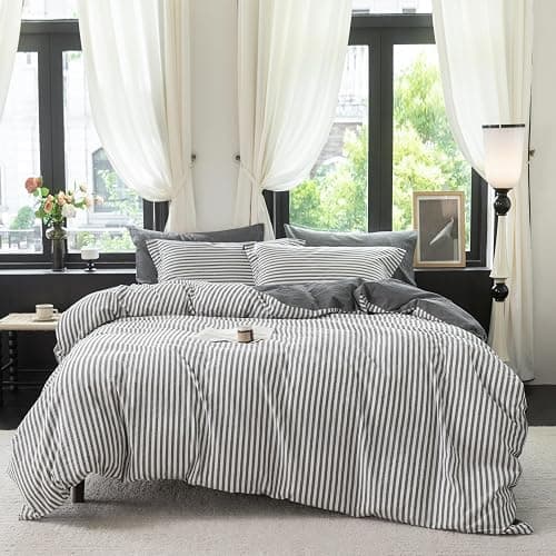 Warm Moment 3Pcs Reversible Grey White Medium Striped King Duvet Cover Set | Solid Grey Reverse,Linen Feel,Washed Cotton,1 Duvet Cover & 2 Pillow Shams,Hidden Zipper,Soft Breathable8 Corner Ties thumbnail 3