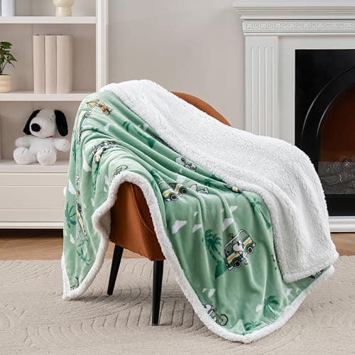 Berkshire Blanket Peanuts® Sherpa Throw Blanket, 480gsm Warm Reversible Heavy Thick Throw for Couch, Bed & Travel (Snoopy's Beachy Roadtrip Large Sage, Throw Size 50" x 60") thumbnail 3