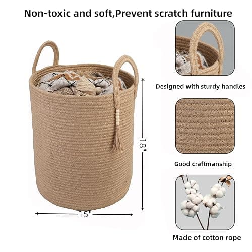 XUANGUO Rope Laundry Basket Laundry Hamper for Clothes Woven Storage Basket for Living Room Bedroom Boho Tall Rope Baskets for Blanket Toys Pillow Towels Baby Nursery Hamper Bin jute thumbnail 3