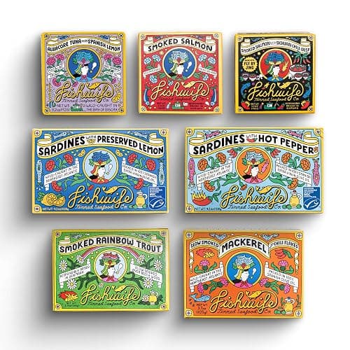 Fishwife Starter 7-Pack (Variety of Tinned Seafood including Smoked Salmon, Rainbow Trout, Sardines, Tuna & More!) | Gluten Free, High Protein, Omega-3s | Hand-Packed - Image 1