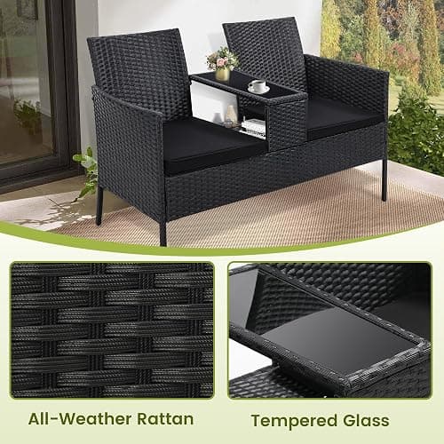 Kromax Wicker 2 Seat Patio Conversation Set, Outdoor Rattan Loveseat with Table, Washable Cushion Covers, Backyard, Garden, Lawn, Black Rattan with Black Cushion - Black Rattan With Black Cushion thumbnail 7