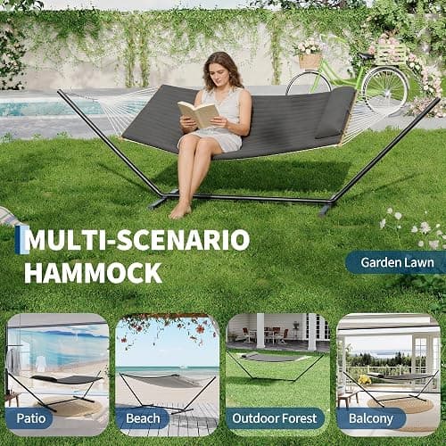 Garvee 2 Person Portable Double Hammock for Outdoor with Pillow, Heavy Duty Portable Hammock with Adjustable Steel Stand for Patio, Garden, Beach, Backyard thumbnail 6