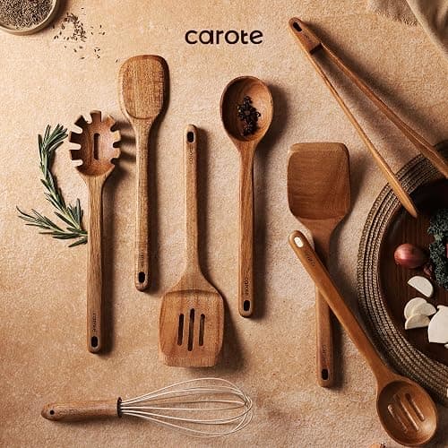 CAROTE Wooden Kitchen Utensils Set, Acacia Wood 8pcs Cooking Utensil Set for Nonstick Cookware, Long-lasting Wooden Spoons for Cooking, Spatula, Turner thumbnail 7