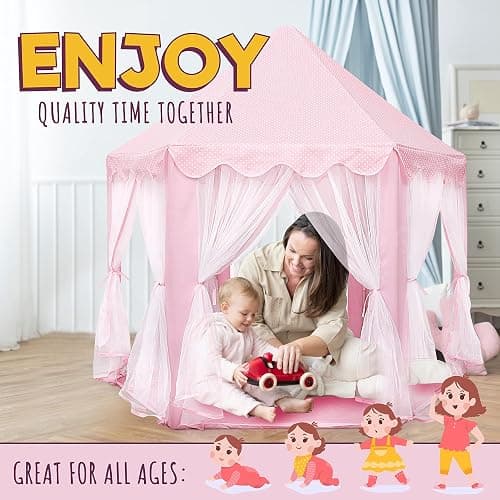 ORIAN Princess Castle Playhouse Tent for Girls with LED Star Lights – Indoor & Outdoor Large Kids Play Tent for Imaginative Games – ASTM Certified, 230 Polyester Taffeta. Pink 55"x53". thumbnail 8
