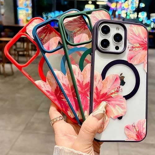 HYUEKOKO Magnetic for iPhone 13 Case & iPhone 14 Case [Compatible with MagSafe] Cute Trendy Hibiscus Flower Pattern Design for Summer Hawaiian, Shockproof Protective Cover for Girls Women-Pink thumbnail 7