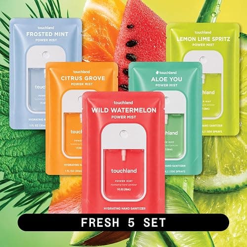 Touchland Fresh 5 Hydrating Hand Sanitizer Spray Set Travel Size | TSA ready Power Mist with skincare benefits. Frosted Mist, Citrus Grove, Lemon Lime, Aloe You and Wild Watermelon. thumbnail 2