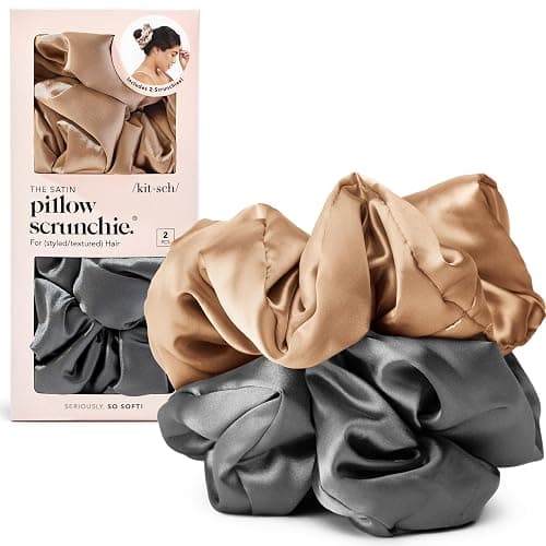 Kitsch Satin Scrunchies for Women - No Crease Hair Ties for Girls | Big Scrunchies for All Hair Types and Textures, Perfect for Day or Night | Ideal Gifts for Women - 2 Pcs, Charcoal and Gold thumbnail 9