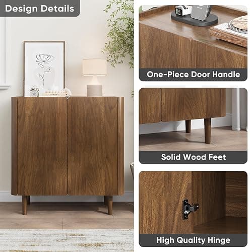 Smuxee Walnut Sideboard Cabinet, Freestanding Buffet Cabinet with Curved Edge Design, Wood Storage Cabinet with Adjustable Shelf for Living Room, Hallway, Entryway thumbnail 5
