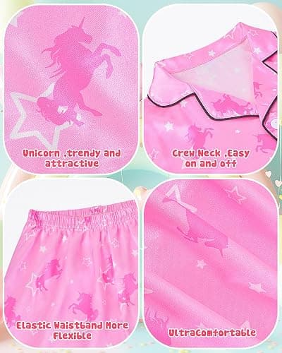 Kids Girls Pajama Set Silky PJS Button-Down Sleepwear Nightwear Loungewear Clothes Set Gifts thumbnail 6