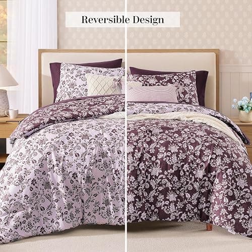 BLOOMHAVEN Queen Comforter Set -7 Pieces Floral Dark Purple Comforter Set for All Seasons, Bed in a Bag Queen with Botanical Flowers Comforter, Sheets, Pillowcases & Shams thumbnail 3