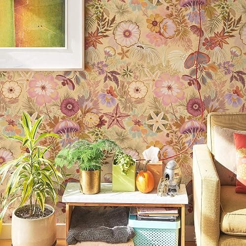 Ismoon Vintage Floral Peel and Stick Wallpaper Deep Beige Pink Contact Paper Jellyfish Starfish Stick on Wall Paper Removable Self Adhesive Vinyl Wallpaper for Bedroom Wall Cabinet Decor 17.3x78.7in thumbnail 2