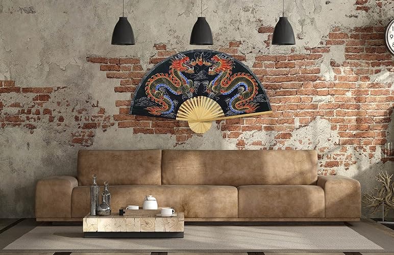 Dragons Folding Wall Fan Hand-painted Chinese Decor Artwork (40 inch wide, Black Dragons) thumbnail 3