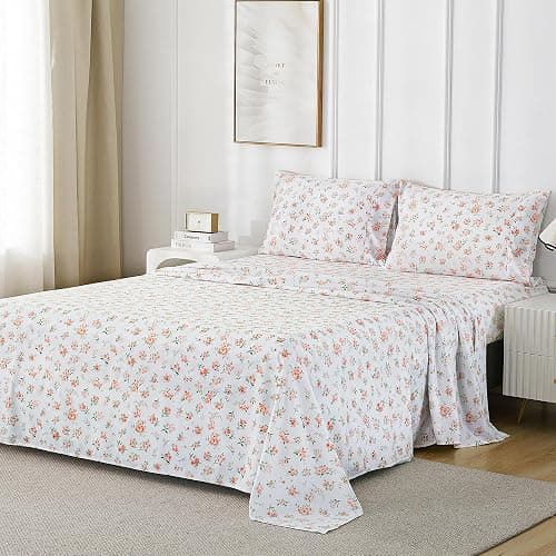 Viviland Floral Twin Sheet Set - 3 Piece Vintage Pink Flower and Leaves Patterned Bed Sheets - Soft, Breathable Microfiber Sheets with Deep Pocket, Non-Slip Fitted Sheets & Pillowcases thumbnail 2