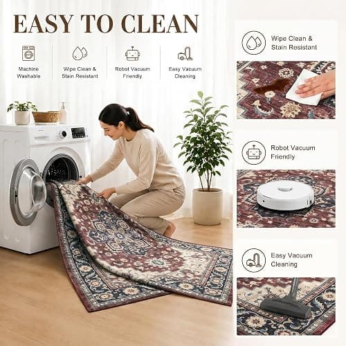 Homaxy Vintage Rugs Living Room Washable Anti Slip Large Rug Low Pile Boho Lounge Carpet for Bedroom, Nursery, Kitchen - 160 x 220 cm, Retro Red/Beige thumbnail 5