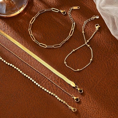 Striviio Gold Bracelets for Women, 14K Gold Plated Stackable Bracelet Stack Set Adjustable Charm Paperclip Chain Snake Link Layered Waterproof Jewelry Sets Gifts thumbnail 5