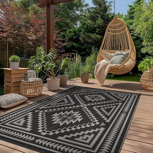 GENIMO Outdoor Rug for Patio Clearance - 6x9 ft Waterproof Plastic Camping Rugs, Reversible Outside Rv Mat Carpet for Porch, Deck, Picnic, Balcony, Beach, Backyard, Black Grey thumbnail 2