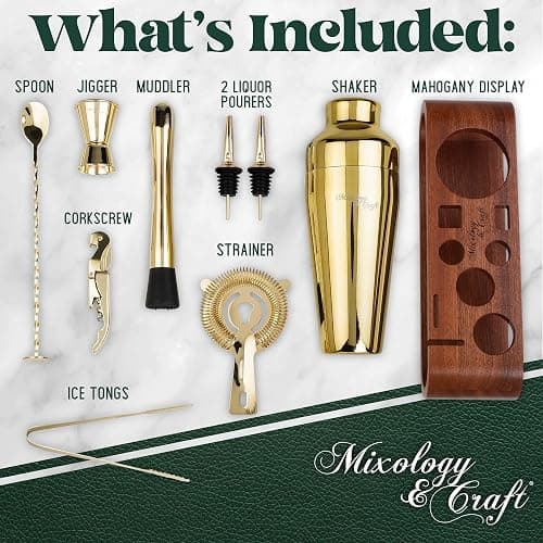 Mixology Bartender Kit: 10-Piece Bar Tool Set with Mahogany Stand | Perfect Home Bartending Kit and Martini Cocktail Shaker Set For a Perfect Drink Mixing Experience | Fun Housewarming Gift (Gold) - Gold thumbnail 3
