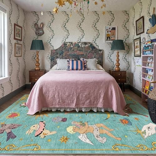 Kokia 8x10 Celestial Sun Moon Unique Fresh Turquoise Soft Washable Area Rug | Low Pile Non-Slip Carpet with Vintage Whimsical Boho Decorative Pattern; Cottagecore Style for Living Rooms or Large Bedrooms thumbnail 3