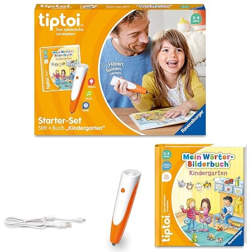 Ravensburger tiptoi Stift und Wörter-Bilderbuch Kindergarten - Lernspielzeug für Kinder ab 3 Jahren - Stylus mit überragender Audioqualität, Akku und Soft-Grip-Hülle - Grün, Orange, Silber - 00113 - Image 1