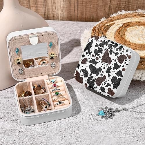 Western Jewelry Box Case Black Brown Cowhide Print Travel Jewelry Organizer Christmas Gifts for Women Country Girls Cowgirl Stuff Small Portable Travel Accessories for Women -White Cowhide thumbnail 2