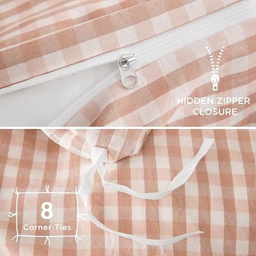 TOCOMOA Pink Tan Gingham Duvet Cover Bedding Set 100% Washed Cotton Like Linen Feel Super Soft Comfy 2 Piece Vintage Plaid Checkered Fall Comforter Cover Set (Twin 68"x90", Comforter Not Included) thumbnail 6