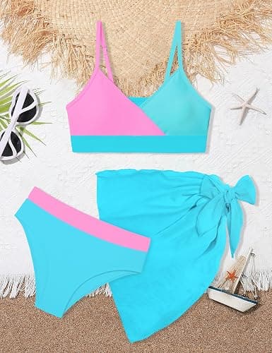 ADIFUN Girls Swimsuit V Neck Bikini Set Color Block with Cover Up 3Pcs Bathing Suits thumbnail 5