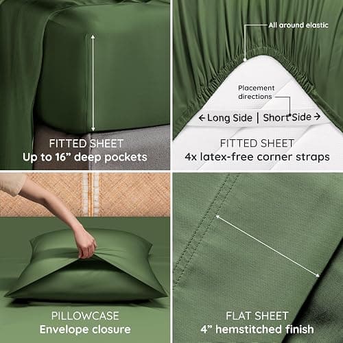 Bambaw 100% Viscose Derived from Bamboo Sheets Queen Size Set – 4pcs Cooling Sheet Set, Super Soft Sheets Queen Size, Luxury Bedding, Deep Pocket Fits Up to 16'' Mattresses (Olive) thumbnail 6