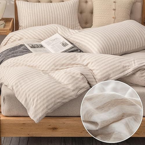 PURE ERA Jersey Knit Duvet Cover Set 100% T-Shirt Heather Cotton Super Soft Comfy Classic Striped Design, with Zipper Closure, Heather Beige Stripe, Queen thumbnail 2
