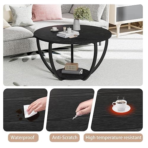 HOMERECOMMEND Round Coffee Table,23.6" Circle Coffee Table with Storage,2-Tier Wood Coffee Tables for Living Room, Accent Center Table,Sofa Table for Home Office, Black Coffee Table thumbnail 4