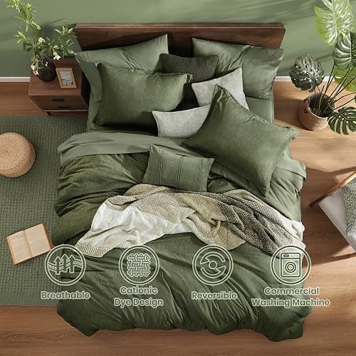 Monbix Twin XL Comforter Set Olive Green, Cationic Dyeing Bedding Set Reversible 5 Pieces, All Season Bed in a Bag with Comforter, Sheets, Pillowcase & Sham thumbnail 2