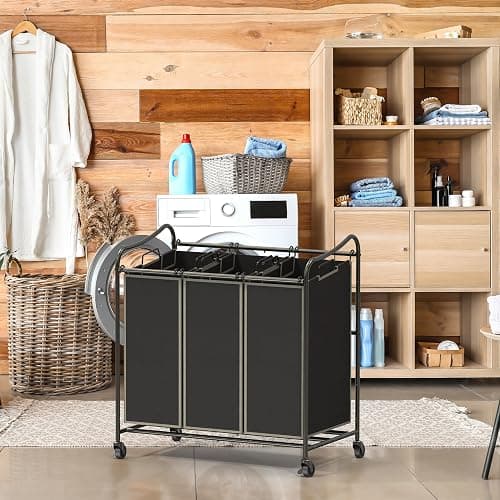 Simple Houseware Heavy Duty 3-Bag Laundry Sorter Rolling Cart, Bronze | Removable Bags and Lockable Wheels for Laundry Room Organization thumbnail 2